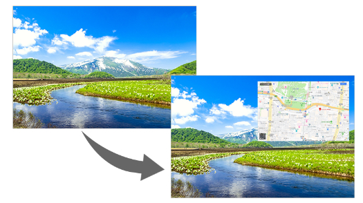 映っている風景をgoogleマップ上で表示出来ることを説明する図