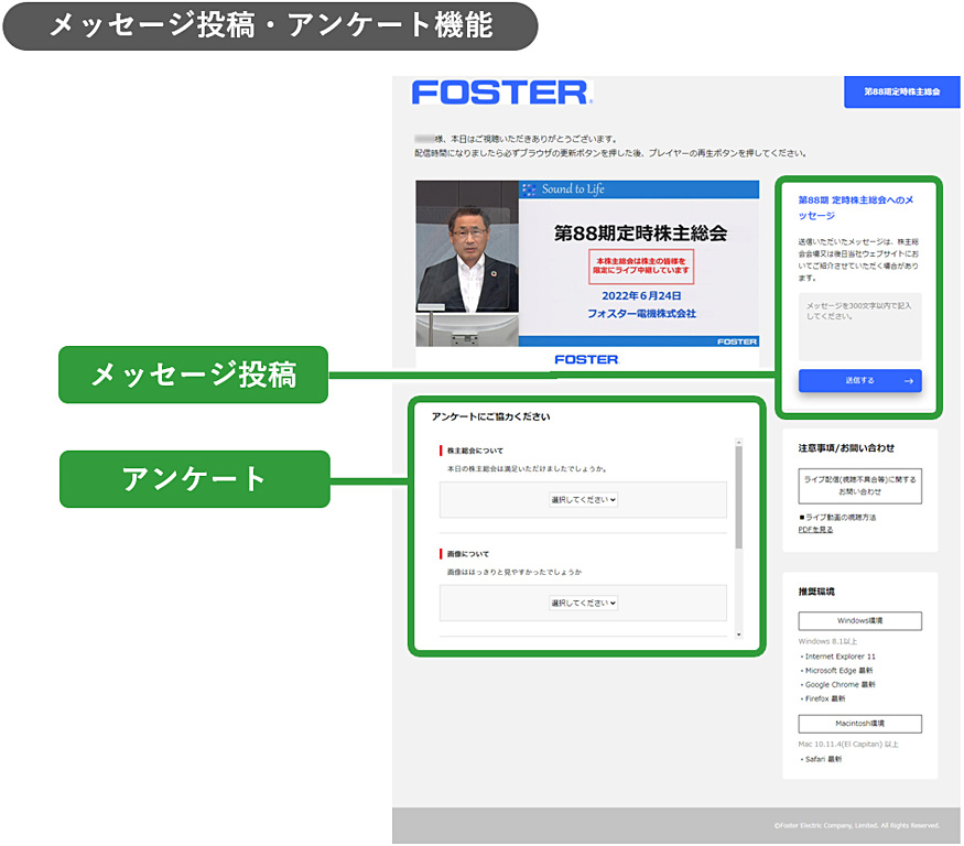 ハイブリッド参加型バーチャル株主総会 メッセージ投稿・アンケート機能