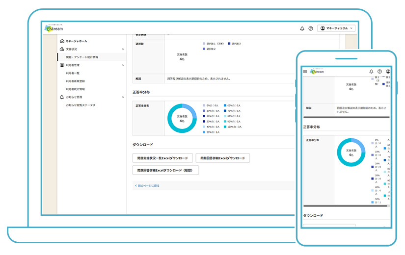 J-Stream ミテシル　画面イメージ：マネージャ／問題・アンケート統計情報