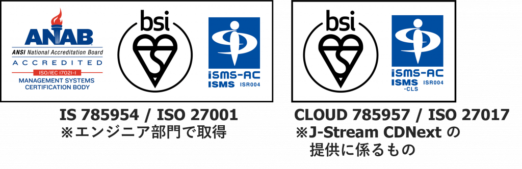 IS 785954 / ISO 27001 ※エンジニア部門で取得 CLOUD 785957 / ISO 27017 ※J-Stream CDNext の提供に係るもの