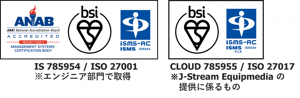 IS 785954 / ISO 27001 ※エンジニア部門で取得 CLOUD 785955 / ISO 27017 ※J-Stream Equipmedia の提供に係るもの