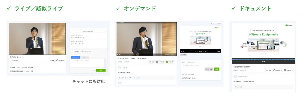 EQポータルはライブ・疑似ライブ・オンデマンド、関連資料の掲載や、資料のみの掲載も可能