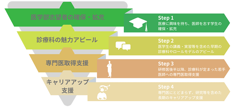 医師のステップ図／Step1：医学部志望者の確保拡充：医療に興味を持ち意思を志す学生の確保・拡充、Step2：診療科の魅力アピール：医学生の講義・実習等を含めた早期の診療科やロールモデルのアピール、Step3：専門医取得支援：研修医後半以降診療科が定まった若手医師への専門医取得支援、Step4：キャリアアップ支援：専門医にとどまらず研究等を含めた長期のキャリアアップ支援