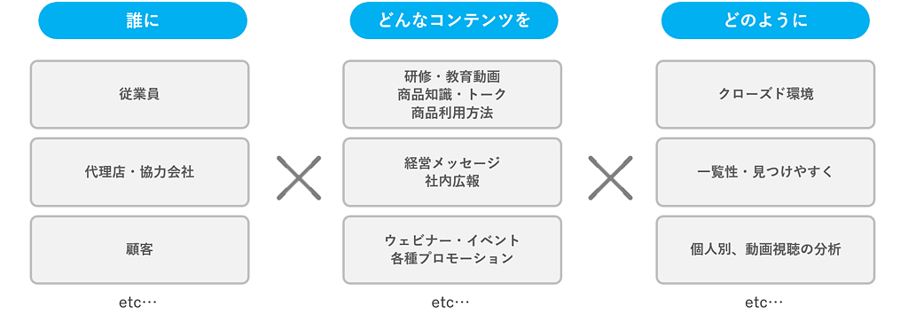 誰に：従業員、代理店・協力会社、顧客　etc…
どんなコンテンツを：研修・教育動画商品知識・トーク商品利用方法、経営メッセージ社内広報、ウェビナー・イベント各種プロモーション　etc…
どのように：クローズド環境、一覧性・見つけやすく、個人別、動画視聴の分析　etc…