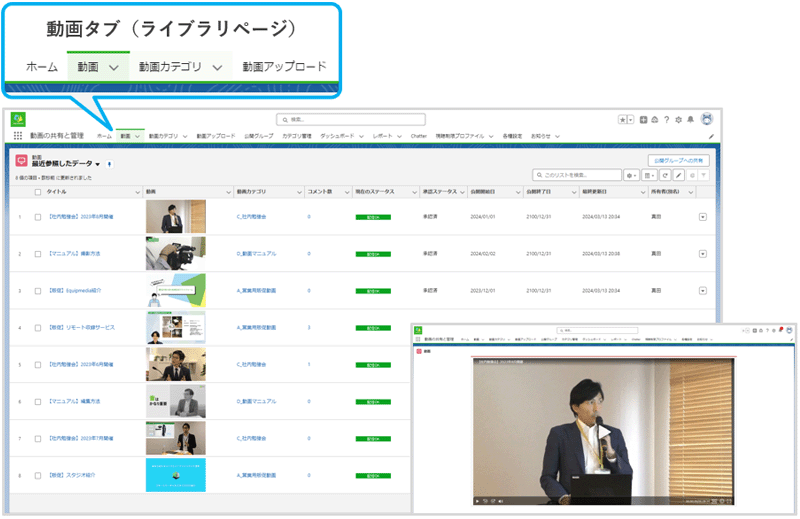 Salesforce用 動画ライブラリの画面サンプル。上部ナビゲーションに「動画タブ（ライブラリ）」が表示されている。