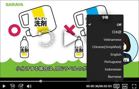 日本語を含めた7言語の字幕付きで動画、字幕切り替えイメージ