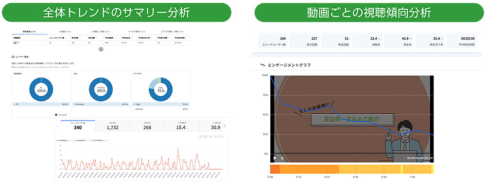 全体トレンドのサマリー分析、動画ごとの視聴傾向分析　の画面イメージ
