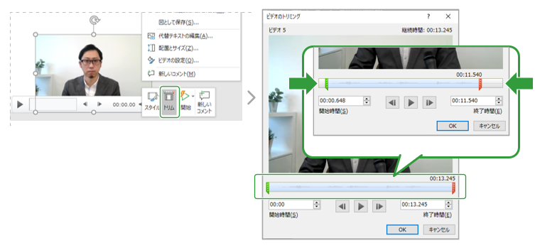 パワーポイント、映像尺のトリミング